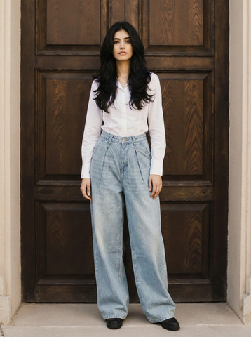 Frost Blue pleated wide-leg jeans