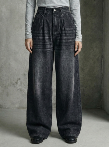 Grey pleated wide-leg jeans