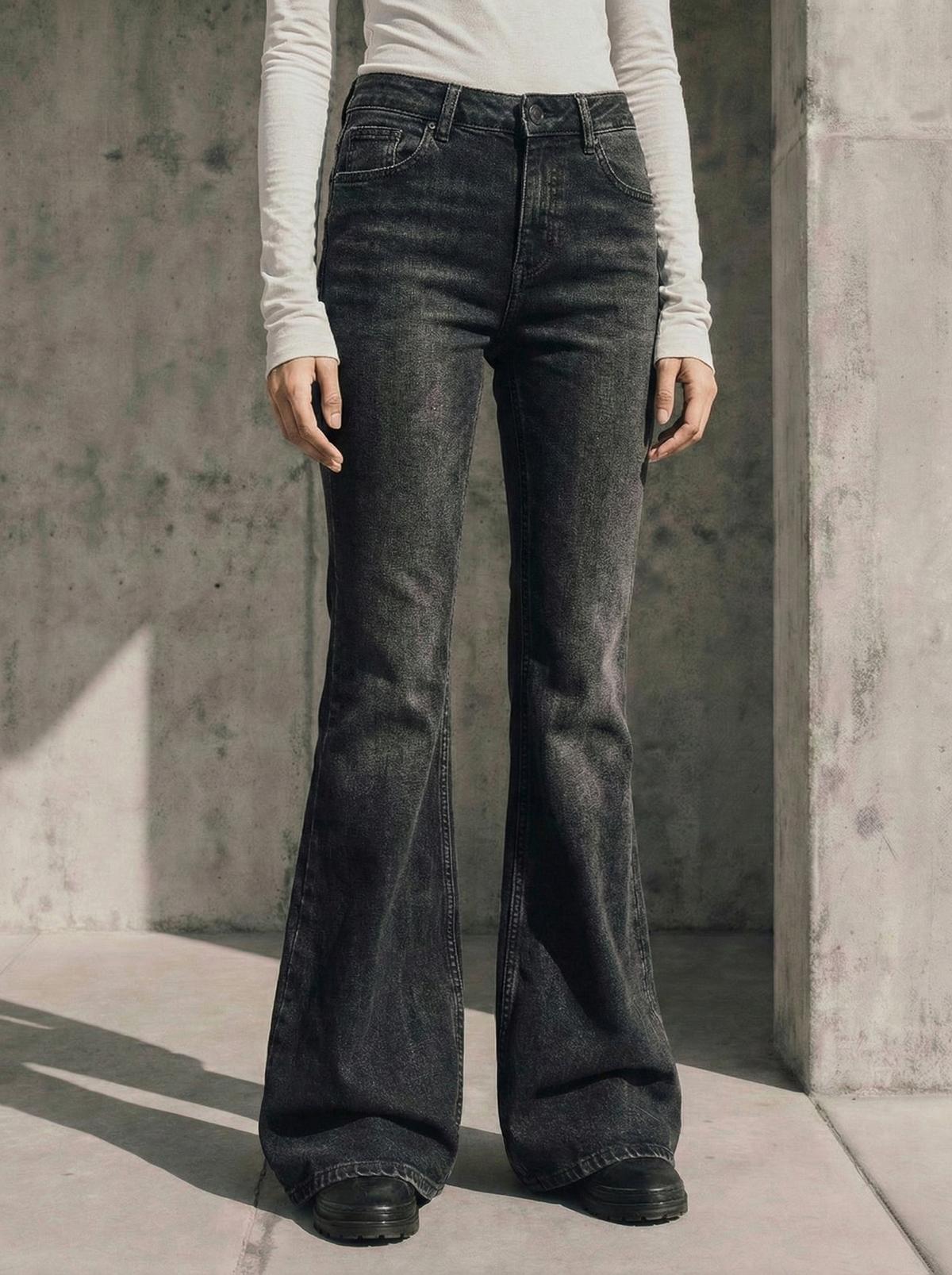 Faded Black Mid-rise Flare Jeans